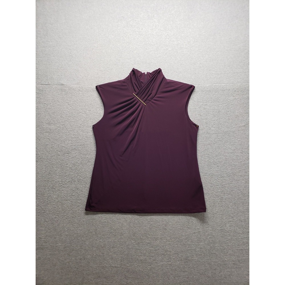 Calvin Klein Women Top M‎ Dark Purple Back Zip Mock Neck Sleeveless Logo Casual